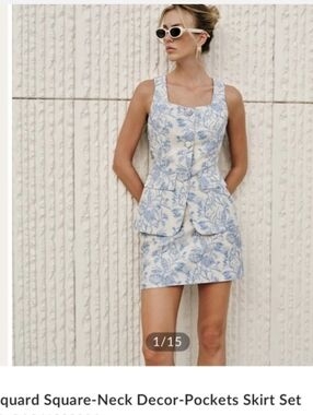 Commense White and Blue Floral Jacquard Square-Neck Skirt Set